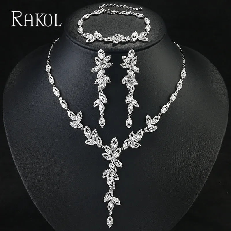 RAKOL Luxury Zircon Pendant Earrings, Necklace & Bracelet Jewelry Set for Bridal & Wedding