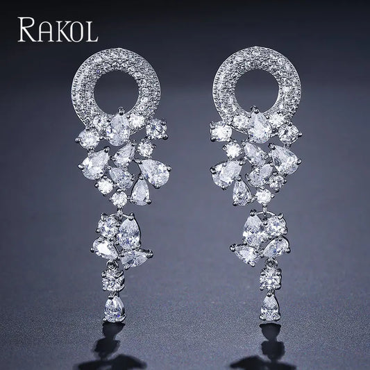 RAKOL Bridal Flower-Shaped Cubic Zirconia Dangle Earrings