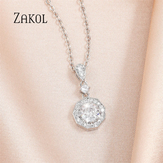 ZAKOL Korean Round Zircon Pendant Necklace – Titanium Steel Jewelry