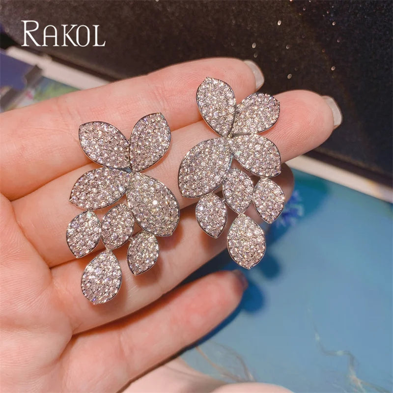 RAKOL - Luxury Leaf Cubic Zirconia Dangle Earrings