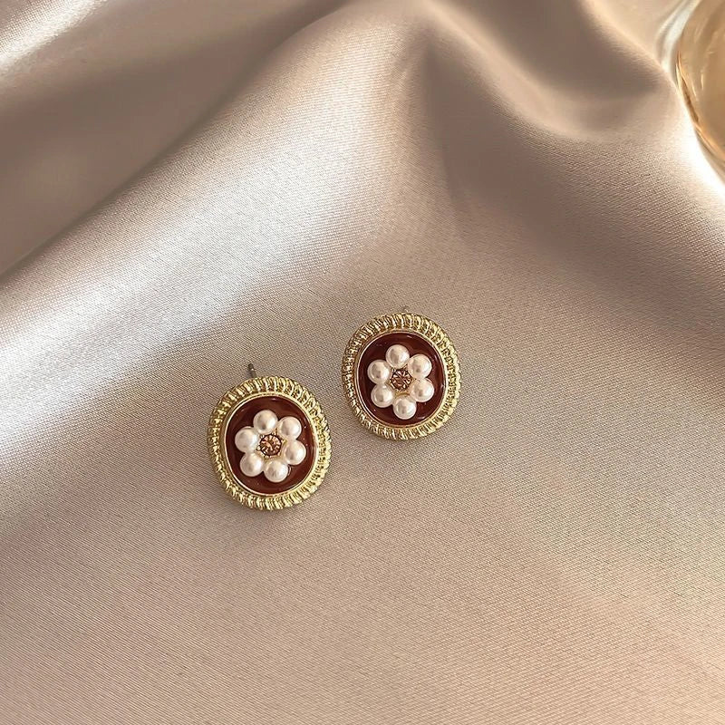 Vintage Dripping Oil Wine Red Pearl Flower Heart Stud Earrings