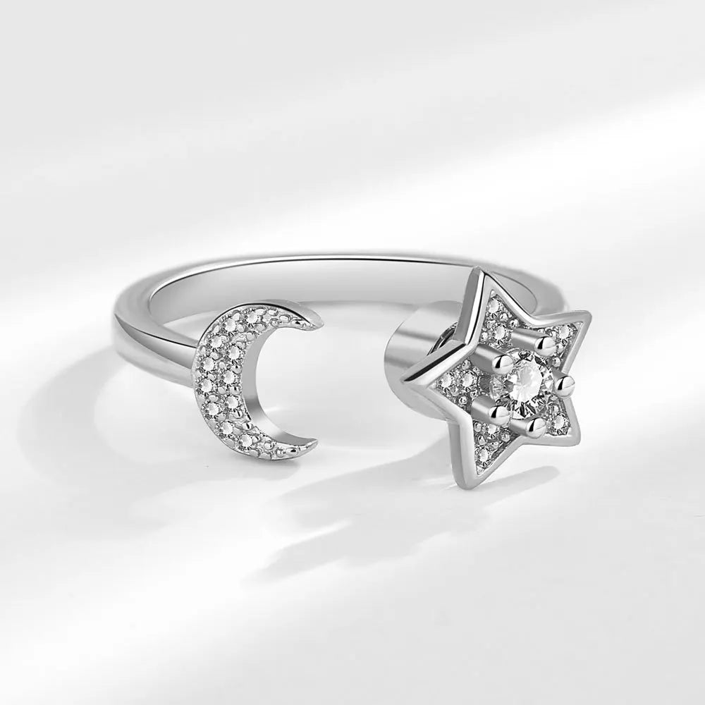 VENTFILLE 925 Sterling Silver Moon & Stars Rotatable Ring for Women