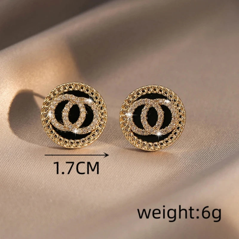 Black Enamel Crystal Double Round Circles Stud Earring for Women Korean Style