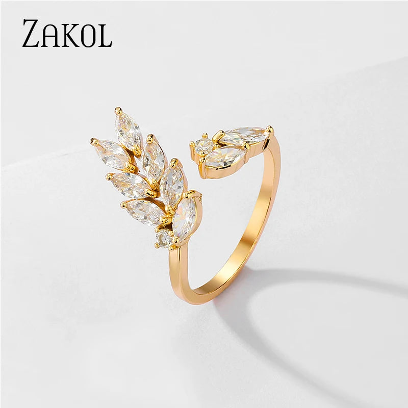 ZAKOL Luxury Cubic Zirconia Leaf Opening Finger Rings for Women Statement Ring Party Jewelry Gifts