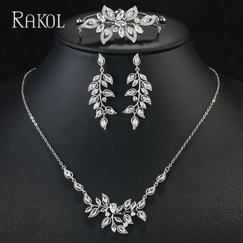 RAKOL Gorgeous Zircon Jewelry Set Leaf Shaped Long Dangle Earrings Busy Necklace Bracelet Bridal Engagement Wedding Accessories