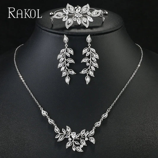 RAKOL Gorgeous Zircon Jewelry Set Leaf Shaped Long Dangle Earrings Busy Necklace Bracelet Bridal Engagement Wedding Accessories