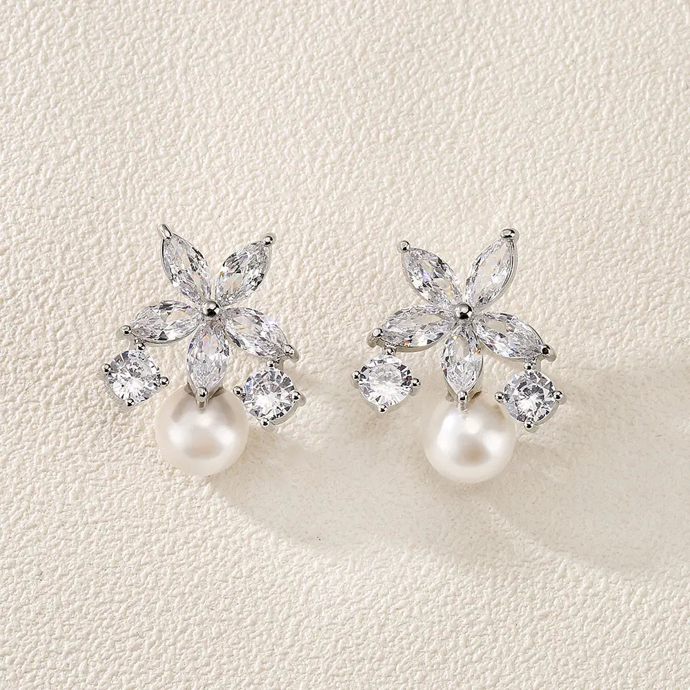 RAKOL Elegant Flower Stud Earrings with Imitation Pearls