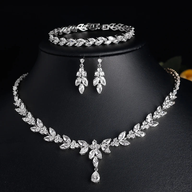 ZAKOL Luxury CZ Leaf Jewelry Set – Necklace, Earrings, Rings & Bracelet for Women