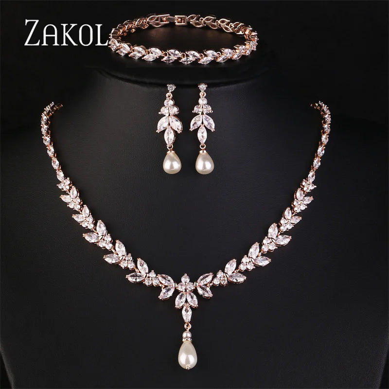 ZAKOL Luxury CZ Leaf Jewelry Set – Necklace, Earrings, Rings & Bracelet for Women