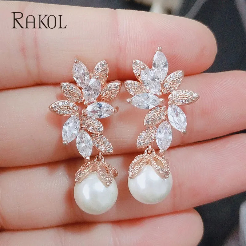 RAKOL Imitation Pearls Drop Earrings - Vintage Flower Design with Cubic Zirconia for Women