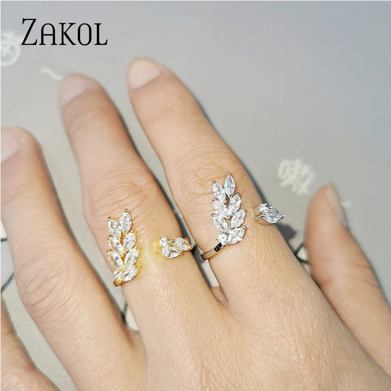 ZAKOL Luxury Cubic Zirconia Leaf Opening Finger Rings for Women Statement Ring Party Jewelry Gifts