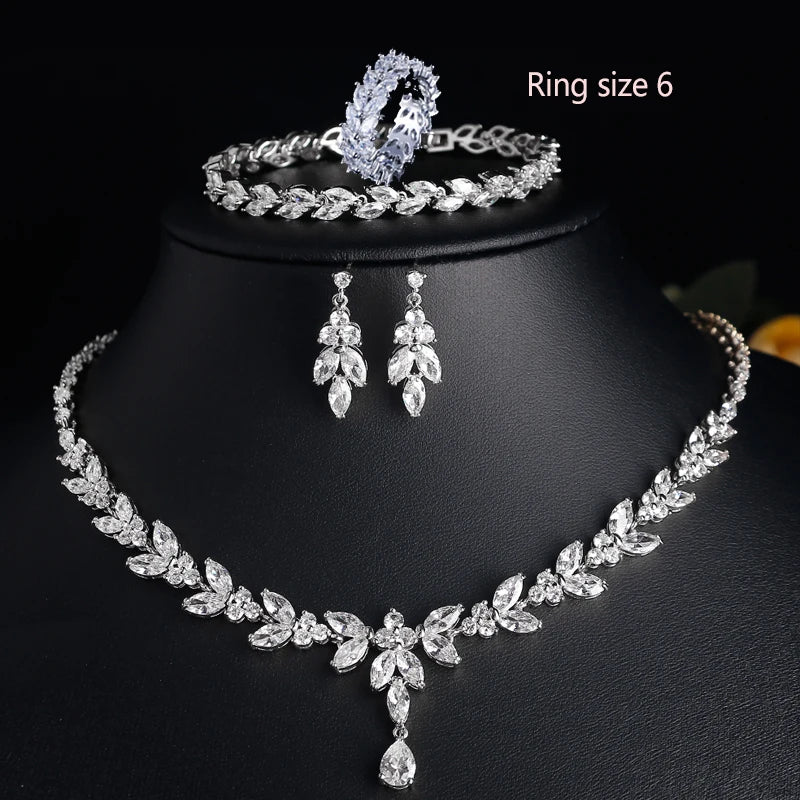 ZAKOL Luxury CZ Leaf Jewelry Set – Necklace, Earrings, Rings & Bracelet for Women