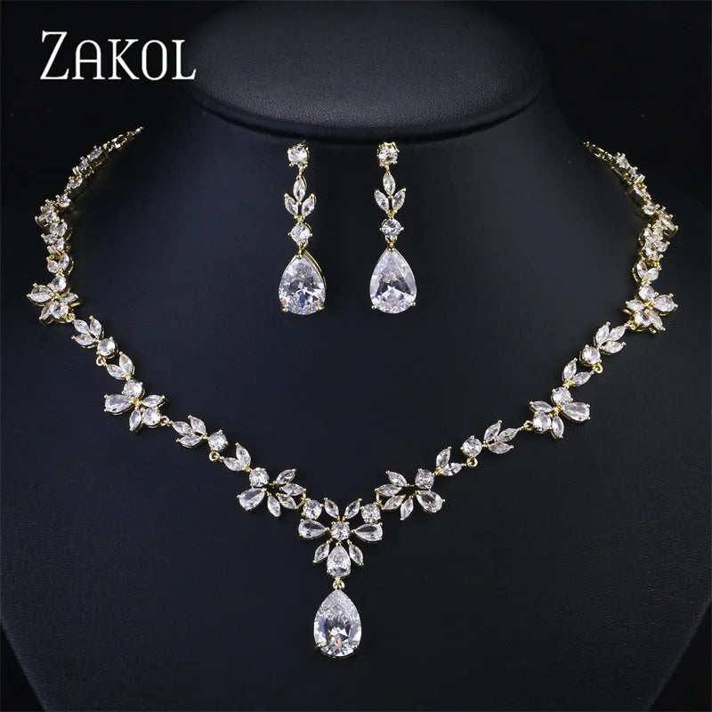 ZAKOL Luxury CZ Leaf Jewelry Set – Necklace, Earrings, Rings & Bracelet for Women