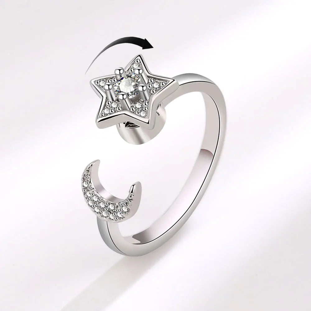 VENTFILLE 925 Sterling Silver Moon & Stars Rotatable Ring for Women