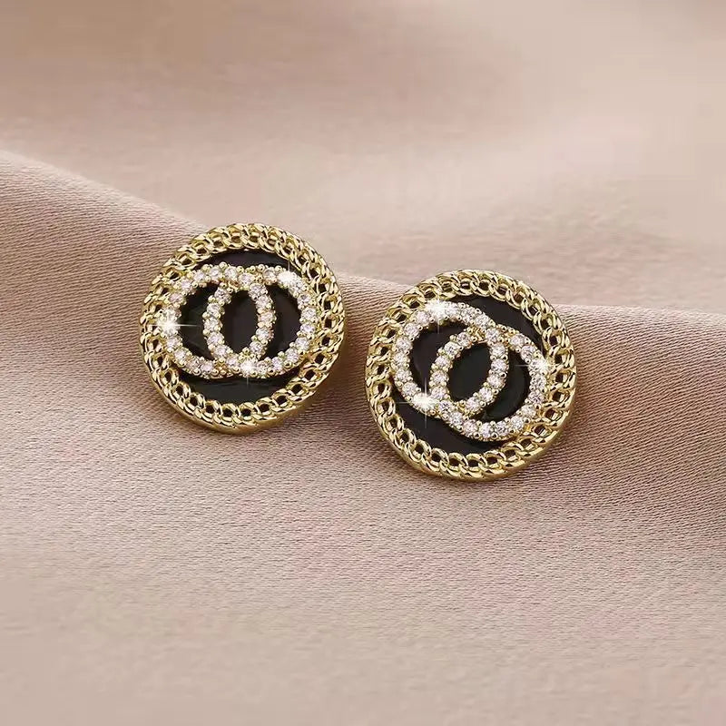 Black Enamel Crystal Double Round Stud Earrings – Korean Style, Simple Jewelry