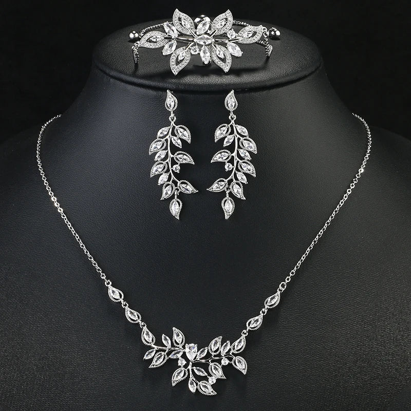 RAKOL Gorgeous Zircon Jewelry Set Leaf Shaped Long Dangle Earrings Busy Necklace Bracelet Bridal Engagement Wedding Accessories