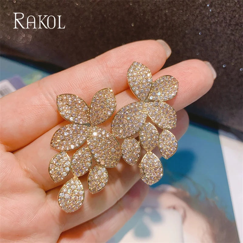 RAKOL - Luxury Leaf Cubic Zirconia Dangle Earrings