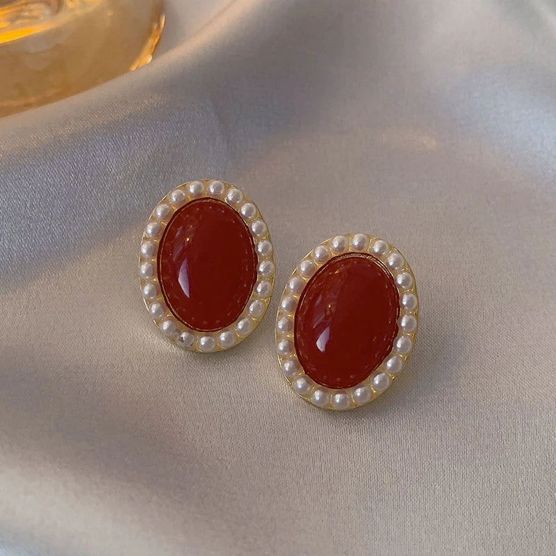 Vintage Dripping Oil Wine Red Pearl Flower Heart Stud Earrings