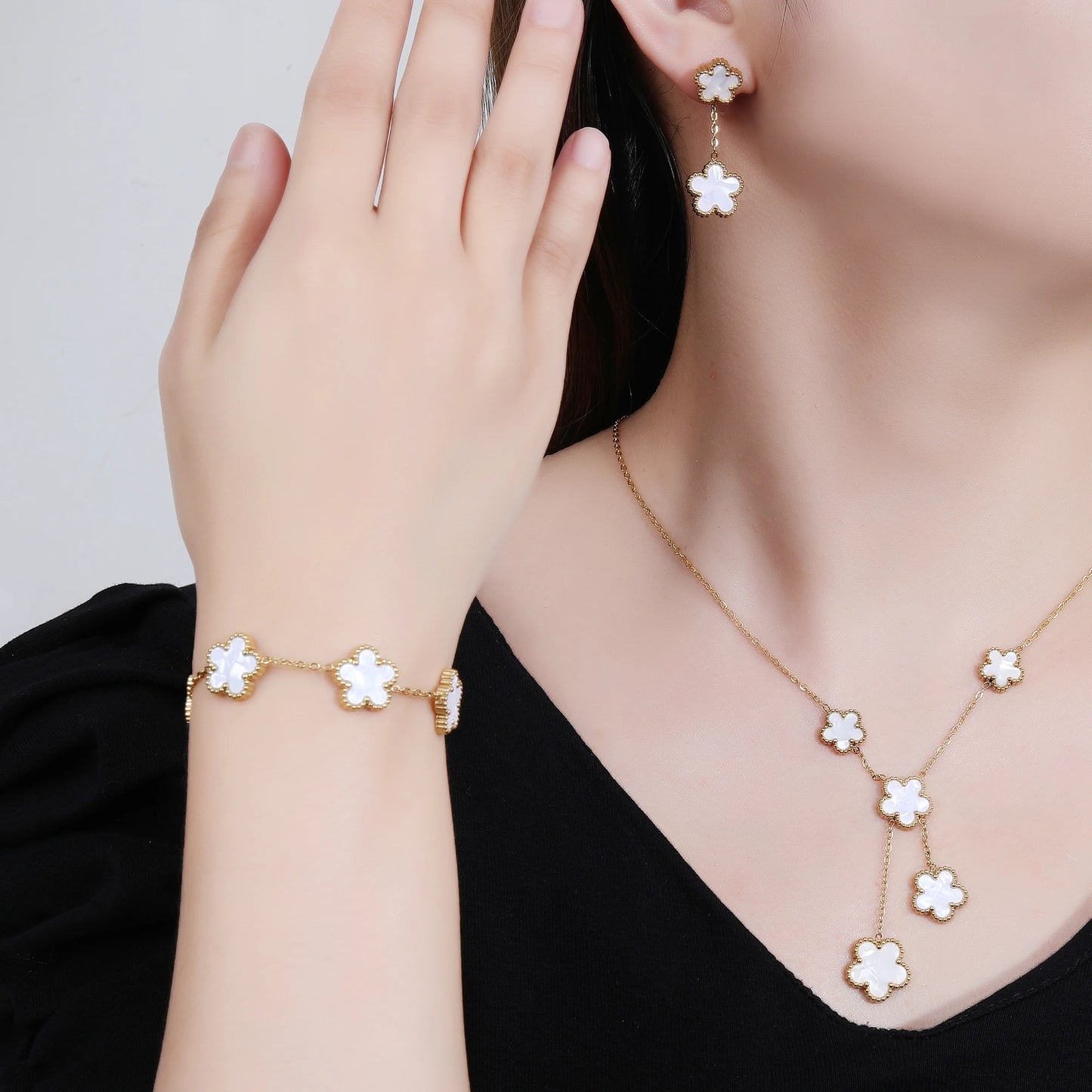 Stainless Steel Five-Leaf Flower Jewelry Set for Women