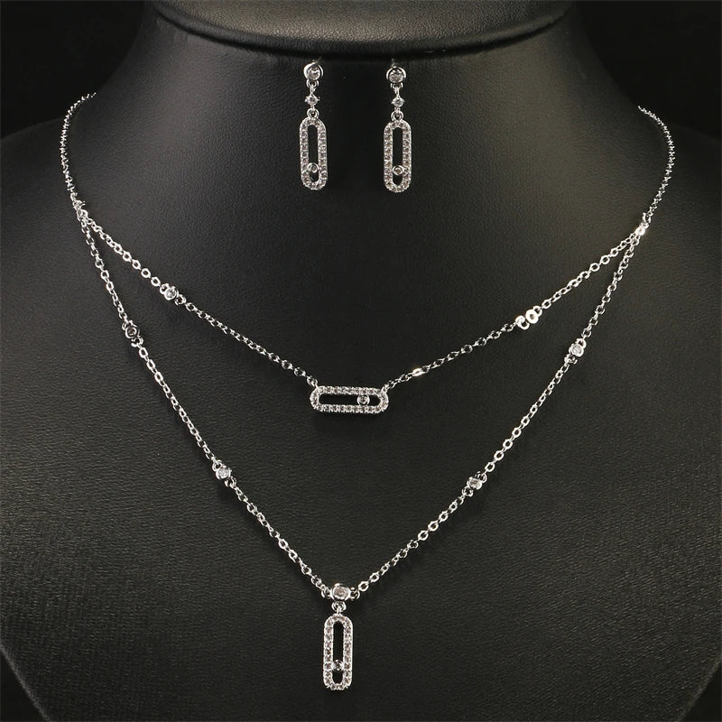 RAKOL Double Layer Geometric Paper Clip Pendant Necklace & Earrings Jewelry Set for Women