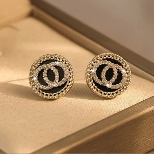 Black Enamel Crystal Double Round Circles Stud Earring for Women Korean Style