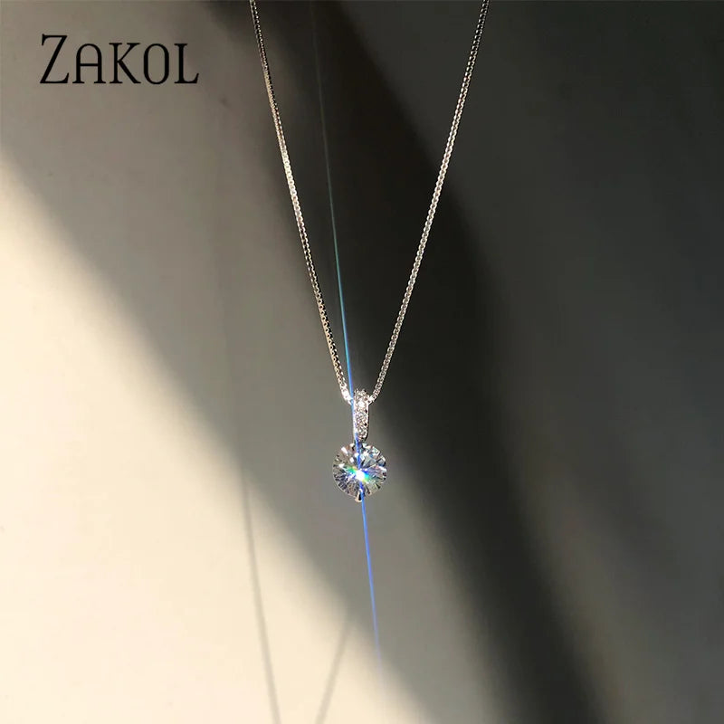 ZAKOL Round Zirconia Pendant Necklace – Elegant Crystal Jewelry for Women