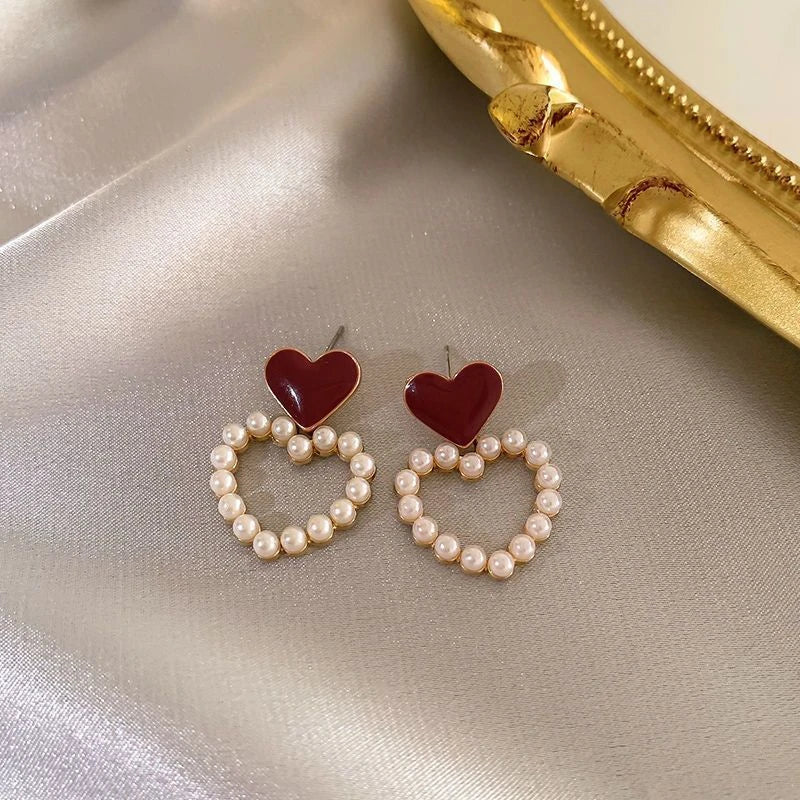 Vintage Dripping Oil Wine Red Pearl Flower Heart Stud Earrings