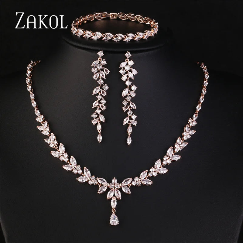 ZAKOL Luxury CZ Leaf Jewelry Set – Necklace, Earrings, Rings & Bracelet for Women