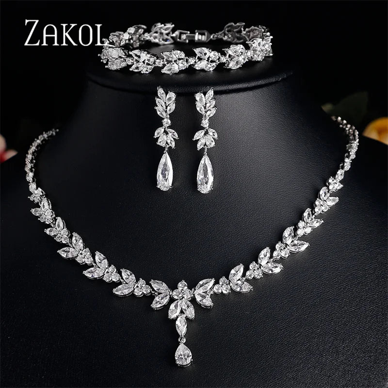 ZAKOL Luxury CZ Leaf Jewelry Set – Necklace, Earrings, Rings & Bracelet for Women