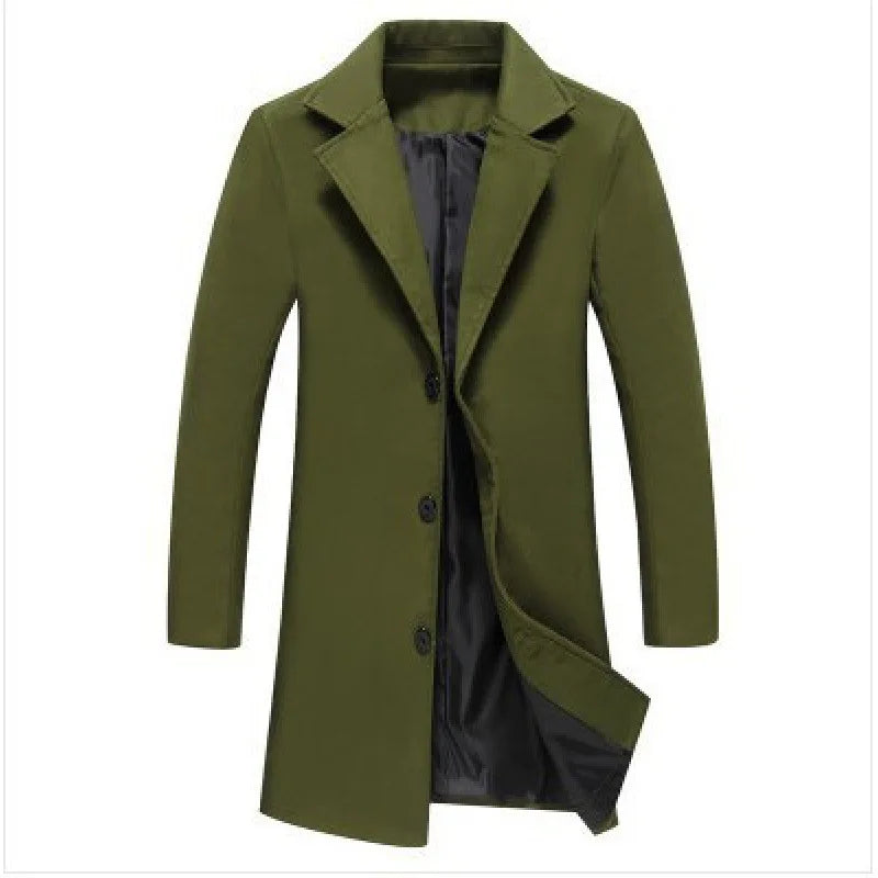 Men's Mid-Length Trench Coat - Classic Single-Breasted Jacket