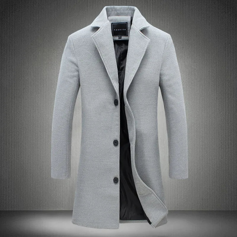 Men's Mid-Length Trench Coat - Classic Single-Breasted Jacket