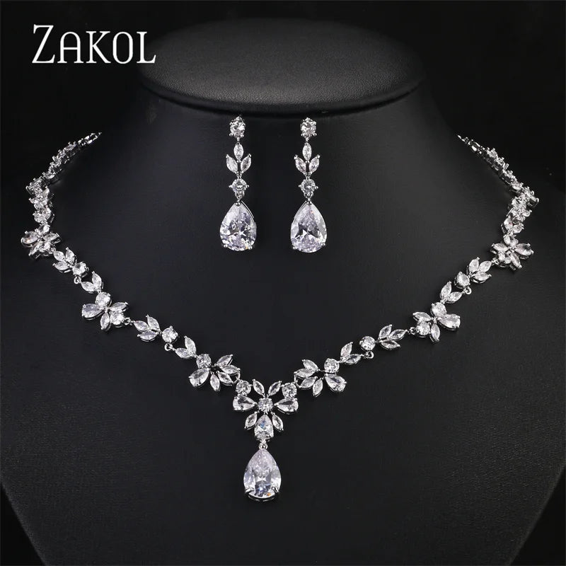 ZAKOL Luxury CZ Leaf Jewelry Set – Necklace, Earrings, Rings & Bracelet for Women