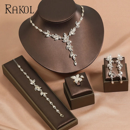 RAKOL Luxury White Flower Bridal Jewelry Set – 4-Piece