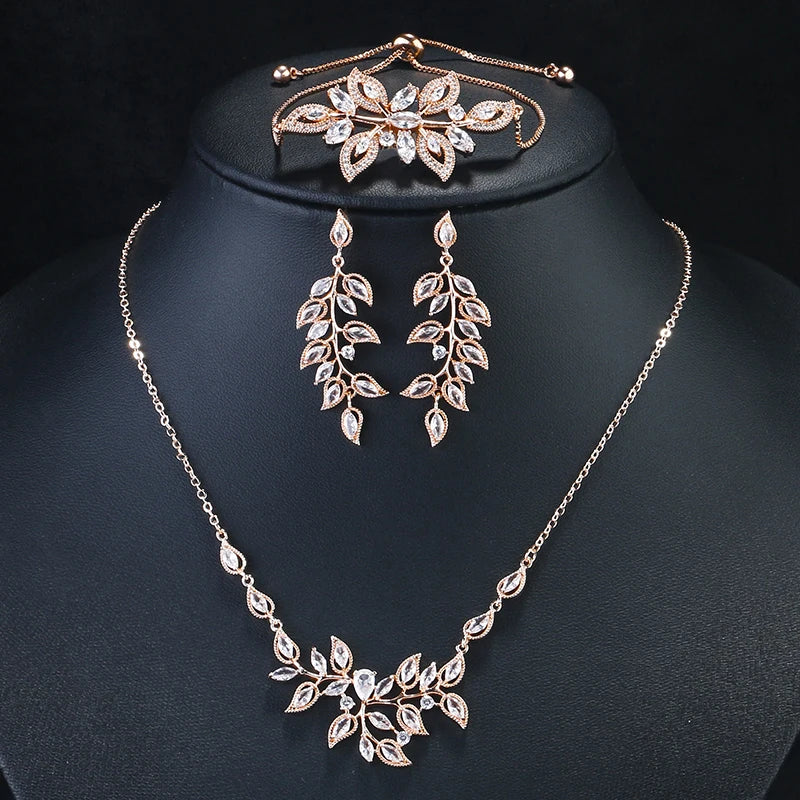 RAKOL Gorgeous Zircon Jewelry Set Leaf Shaped Long Dangle Earrings Busy Necklace Bracelet Bridal Engagement Wedding Accessories