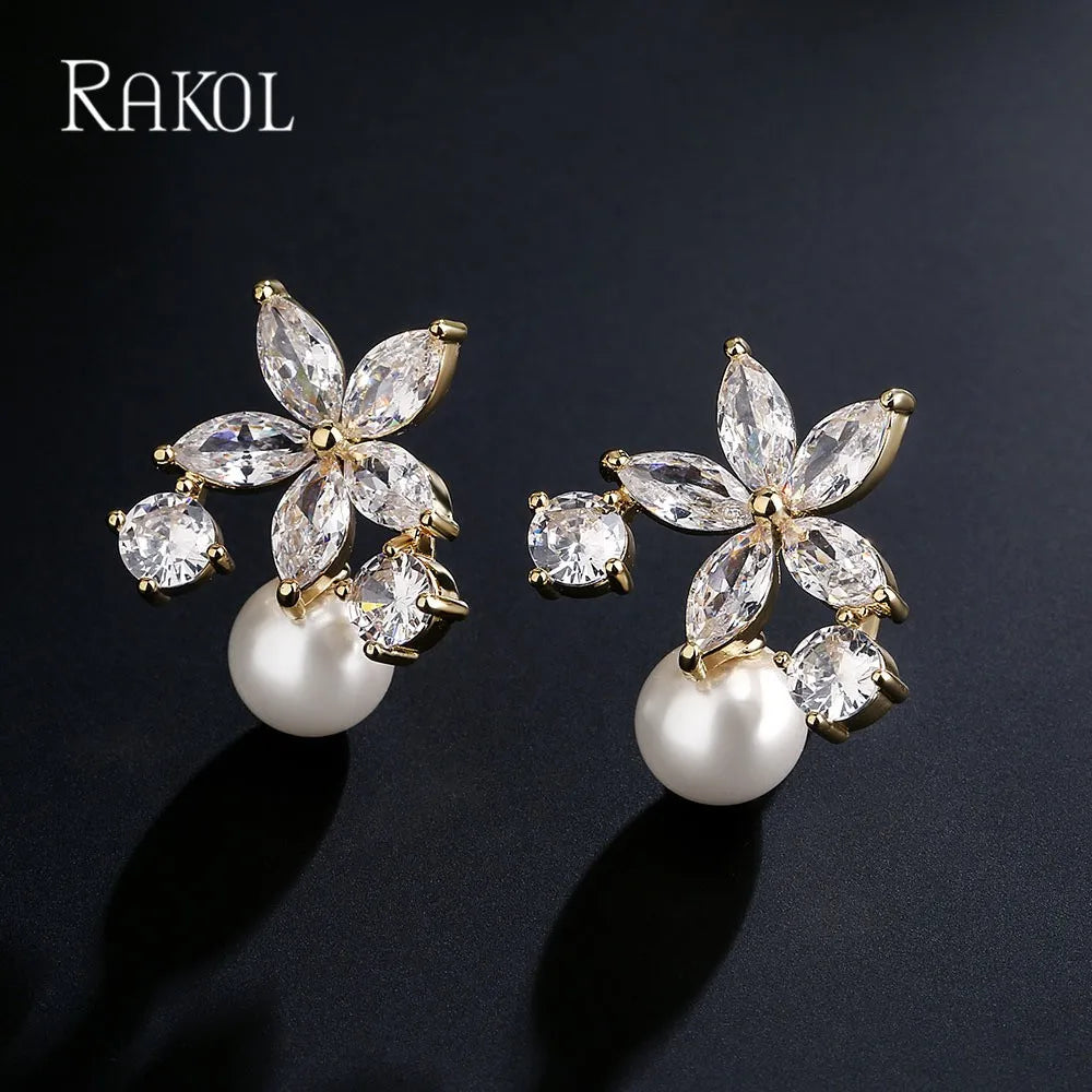 RAKOL Elegant Flower Stud Earrings with Imitation Pearls