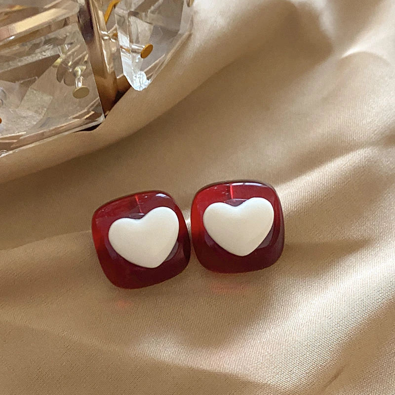 Vintage Dripping Oil Wine Red Pearl Flower Heart Stud Earrings