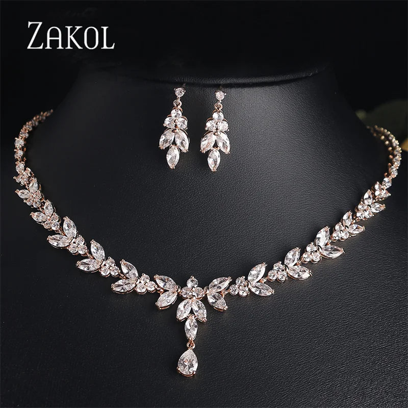 ZAKOL Luxury CZ Leaf Jewelry Set – Necklace, Earrings, Rings & Bracelet for Women