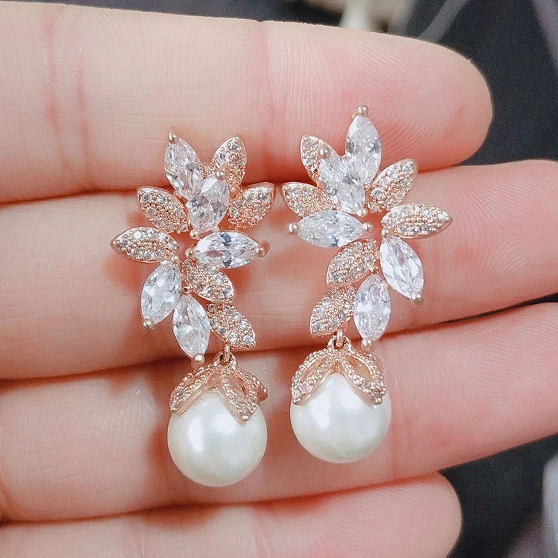 RAKOL Imitation Pearls Drop Earrings - Vintage Flower Design with Cubic Zirconia for Women