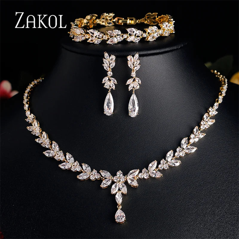 ZAKOL Luxury CZ Leaf Jewelry Set – Necklace, Earrings, Rings & Bracelet for Women