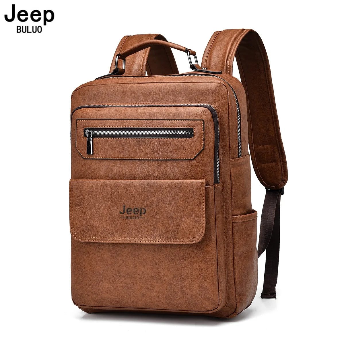 JEEP BULUO - Men’s 15.6” Laptop Backpack – High-Quality Leather, Waterproof, Brown