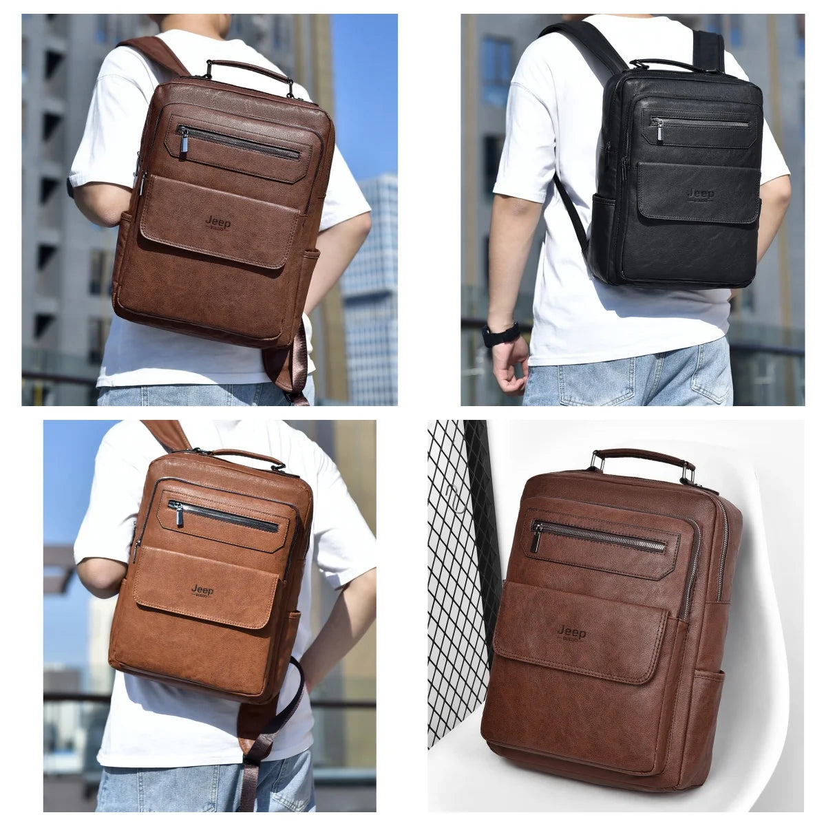 JEEP BULUO - Men’s 15.6” Laptop Backpack – High-Quality Leather, Waterproof, Brown