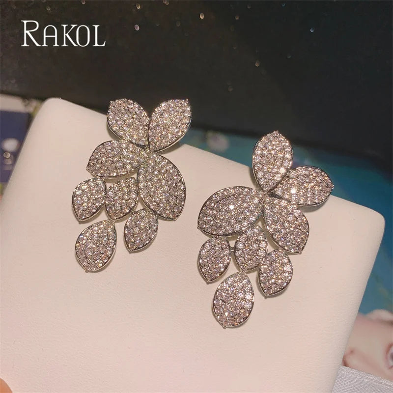 RAKOL - Luxury Leaf Cubic Zirconia Dangle Earrings