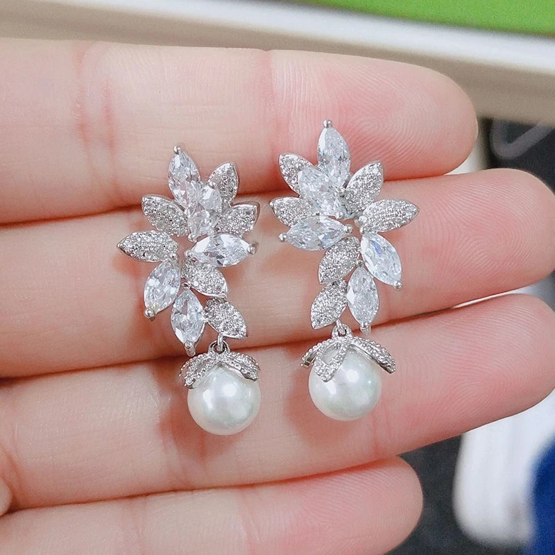 RAKOL Imitation Pearls Drop Earrings - Vintage Flower Design with Cubic Zirconia for Women