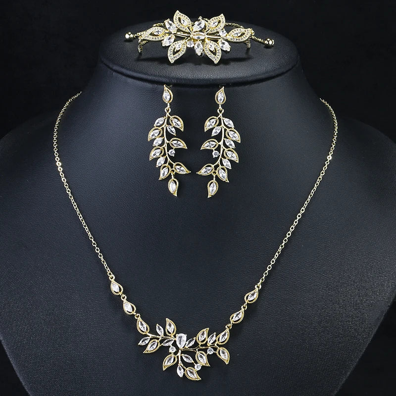 RAKOL Gorgeous Zircon Jewelry Set Leaf Shaped Long Dangle Earrings Busy Necklace Bracelet Bridal Engagement Wedding Accessories