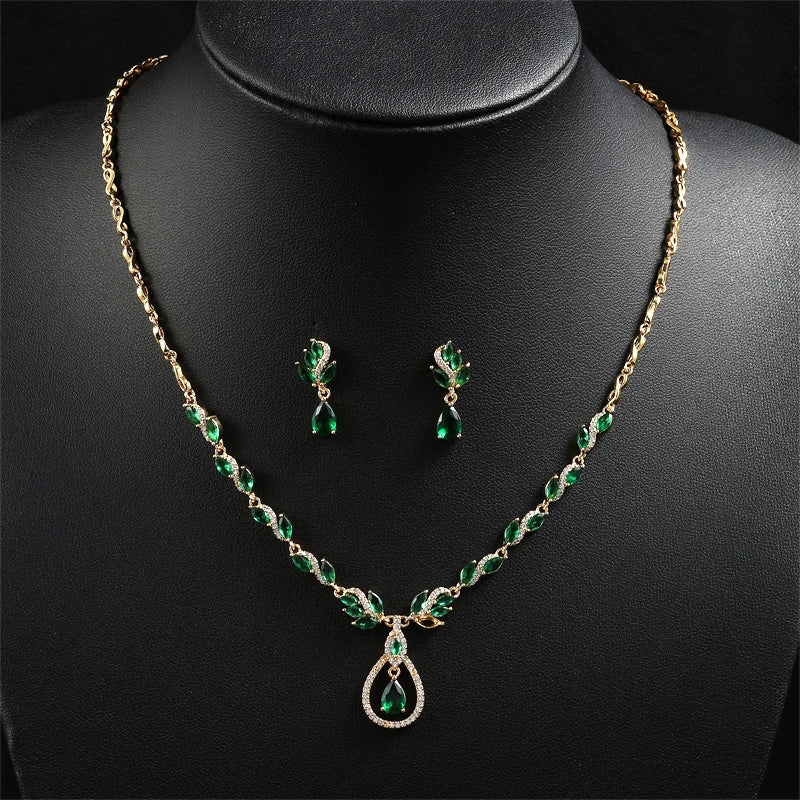 ZAKOL Luxury CZ Leaf Jewelry Set – Necklace, Earrings, Rings & Bracelet for Women