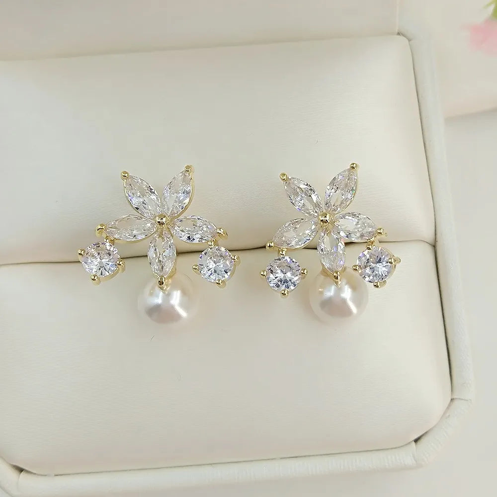 RAKOL Elegant Flower Stud Earrings with Imitation Pearls