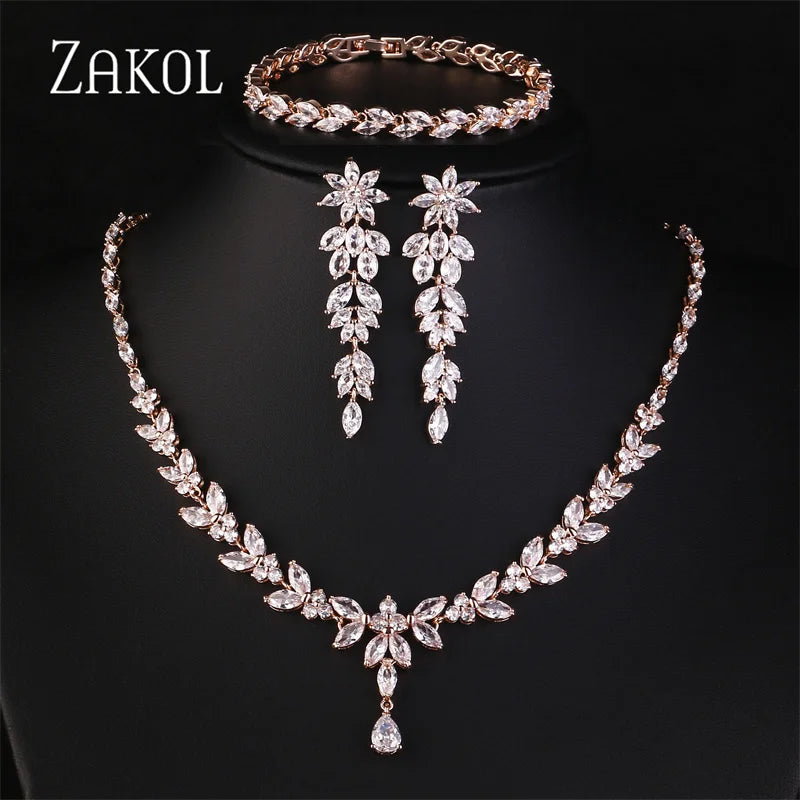 ZAKOL Luxury CZ Leaf Jewelry Set – Necklace, Earrings, Rings & Bracelet for Women