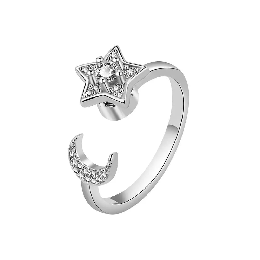 VENTFILLE 925 Sterling Silver Moon & Stars Rotatable Ring for Women