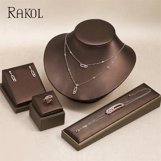 RAKOL Double Layer Geometric Paper Clip Pendant Necklace & Earrings Jewelry Set for Women