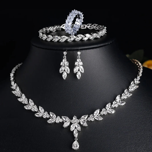 ZAKOL Luxury CZ Leaf Jewelry Set – Necklace, Earrings, Rings & Bracelet for Women